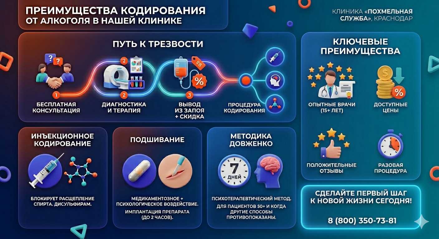 Инфографика о методах кодирования от алкоголя в Пензе: инъекции, подшивание, метод Довженко. Преимущества клиники и этапы лечения.